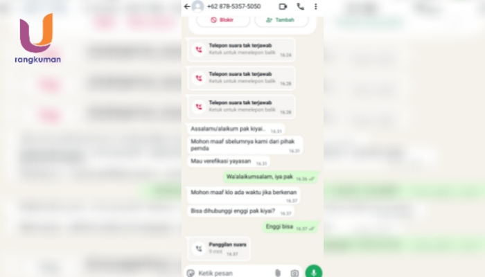 TANGKAPAN LAYAR. Bukti percakapan oknum yang mengaku utusan Bupati Sumenep, dan Pengasuh Pondok Pesantren. (Dok. Istimewa/Rangkuman.net) 