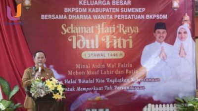 POTRET. Plt. Kepala BKPSDM Sumenep, Arif Firmanto, saat memberikan sambutan di acara Halal Bihalal, Selasa 08/04/2025 (Dok. Istimewa/Rangkuman.net) 