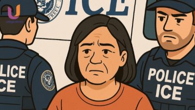 POTRET. Ilustrasi penampakan WNI Chrissahdah Tooy (48) saat ditangkap oleh pihak Imigrasi dan Bea Cukai Amerika Serikat (ICE) dalam sebuah operasi di Los Angeles, California, pada Sabtu, 7 Juni 2025. (Dok. Istimewa/Rangkuman.net) 