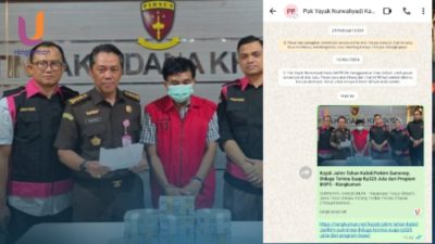 POTRET. Tersangka NLA saat digiring penyidik Kejati Jatim dan diperlihatkan bersama barang bukti uang hasil sitaan. (Istimewa/Rangkuman.net) 